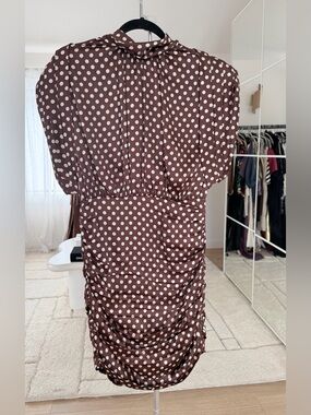 Ronny Kobo Collection Brown Polka Dot Ruched Midi Dress